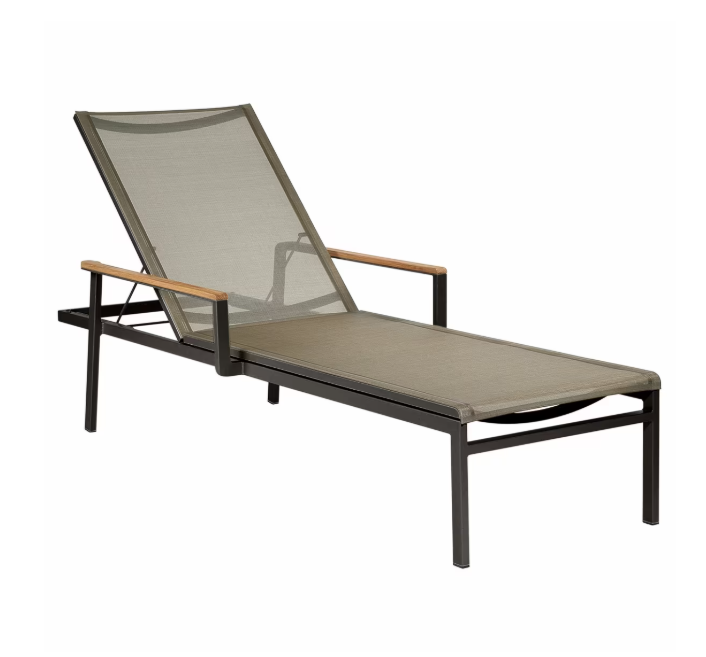 Barlow Tyrie Aura sling chaise lounge graphite frame charcoal sling teak armrests white background