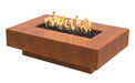 Cabo 66 inch linear fire pit in corten steel, long rectangular body with flame running the length of the burner