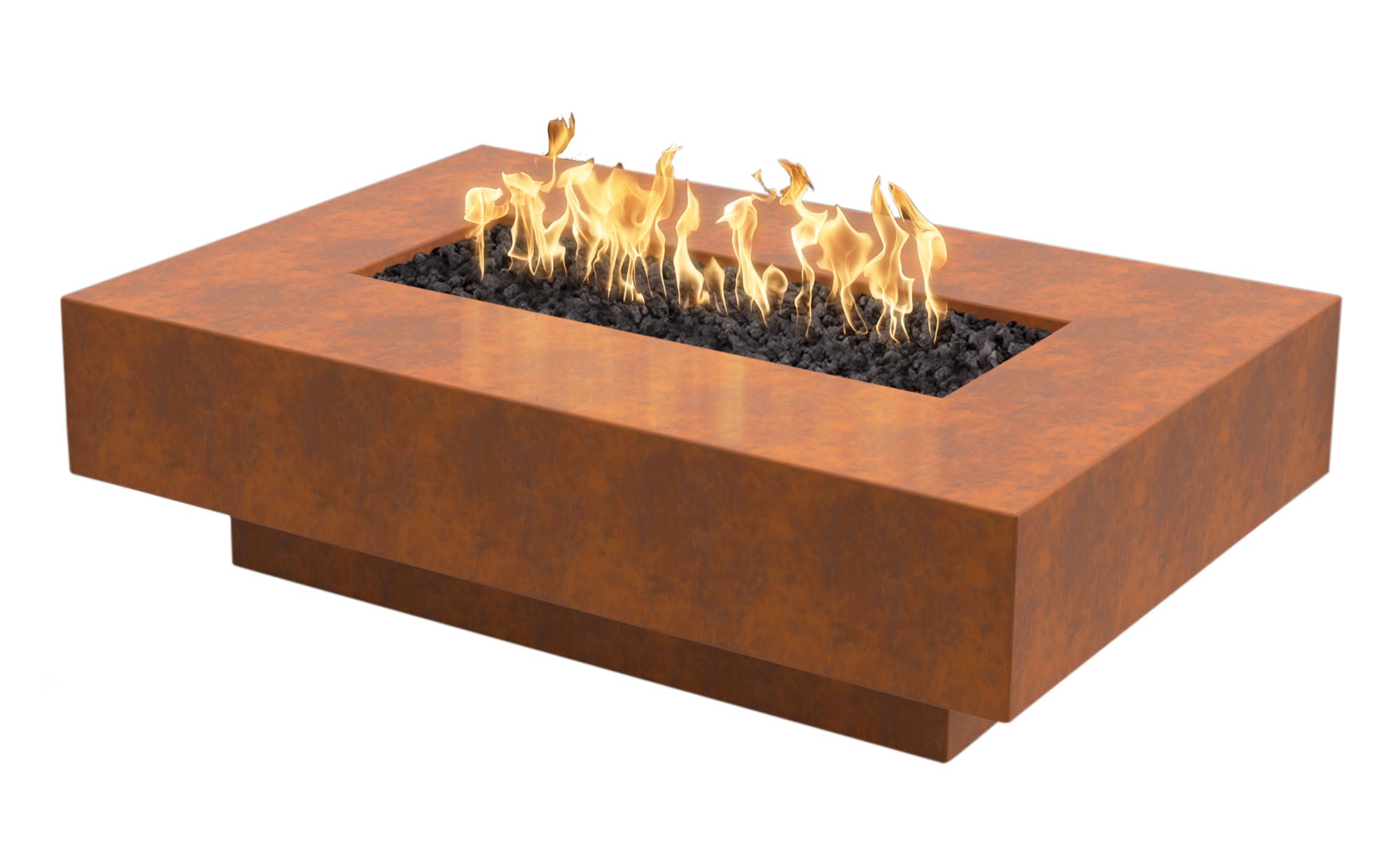 Cabo 66 inch linear fire pit in corten steel, long rectangular body with flame running the length of the burner