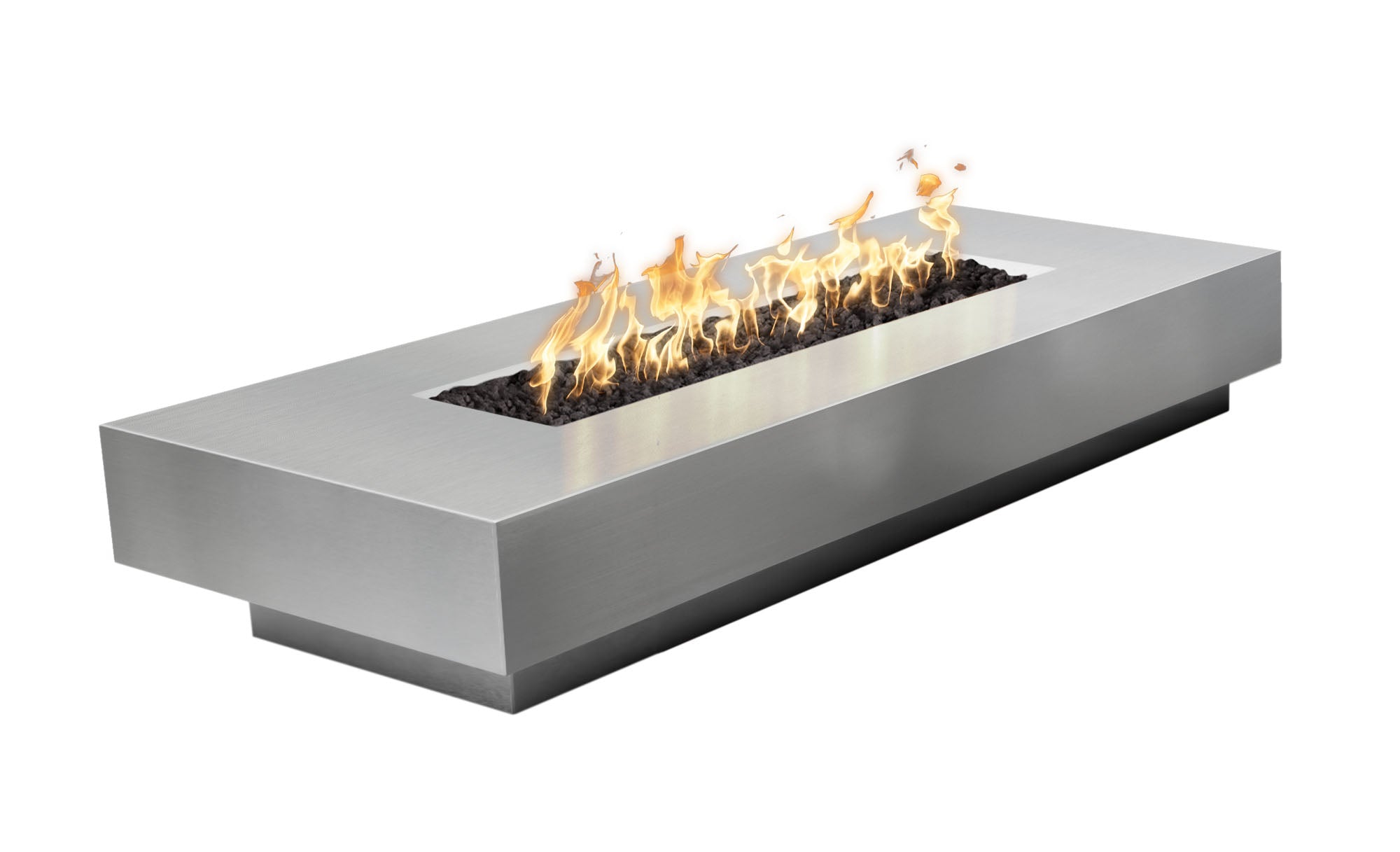 Cabo 66 inch linear fire pit in brushed stainless steel with clean architectural edges, flame lit