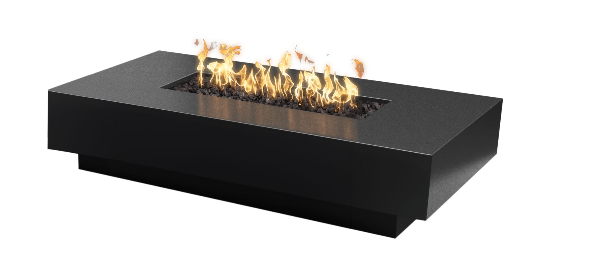 Cabo 66 inch linear fire pit in powder-coated steel, low rectangular profile on a patio with flame lit