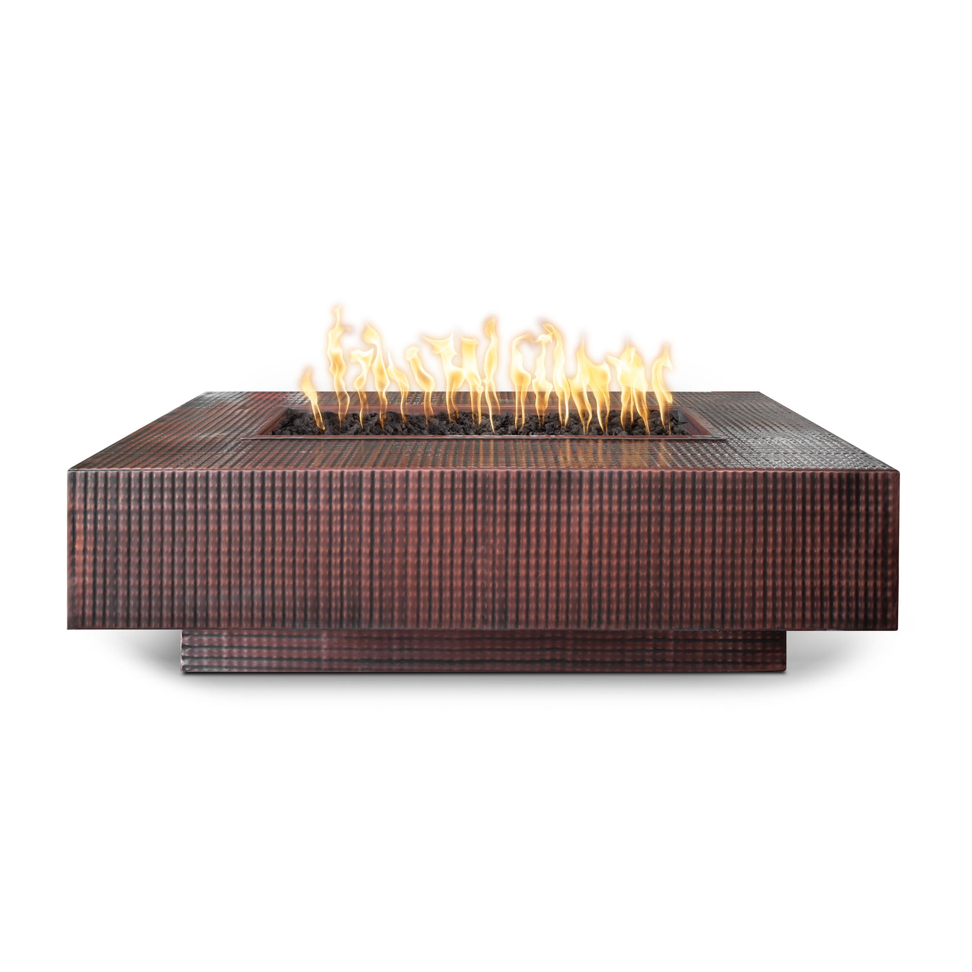 Cabo 66 inch linear fire pit in hammered patina copper, textured copper surface with lit linear burner