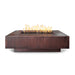 Cabo 66 inch linear fire pit in hammered patina copper, textured copper surface with lit linear burner