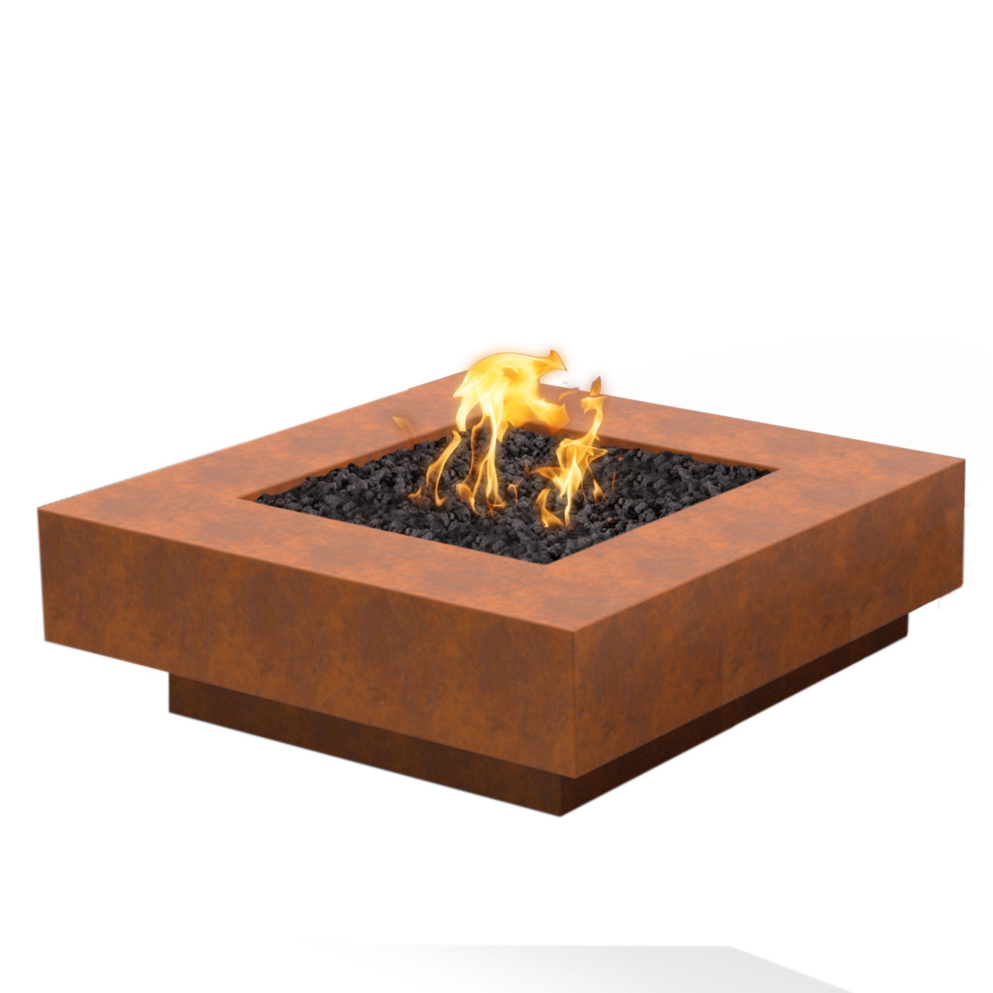 Cabo 48 inch square fire pit in corten steel with weathered rust-brown finish, flame lit in the centered burner
