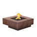 Cabo 36 inch square fire pit in hammered patina copper, textured copper surface with lit burner