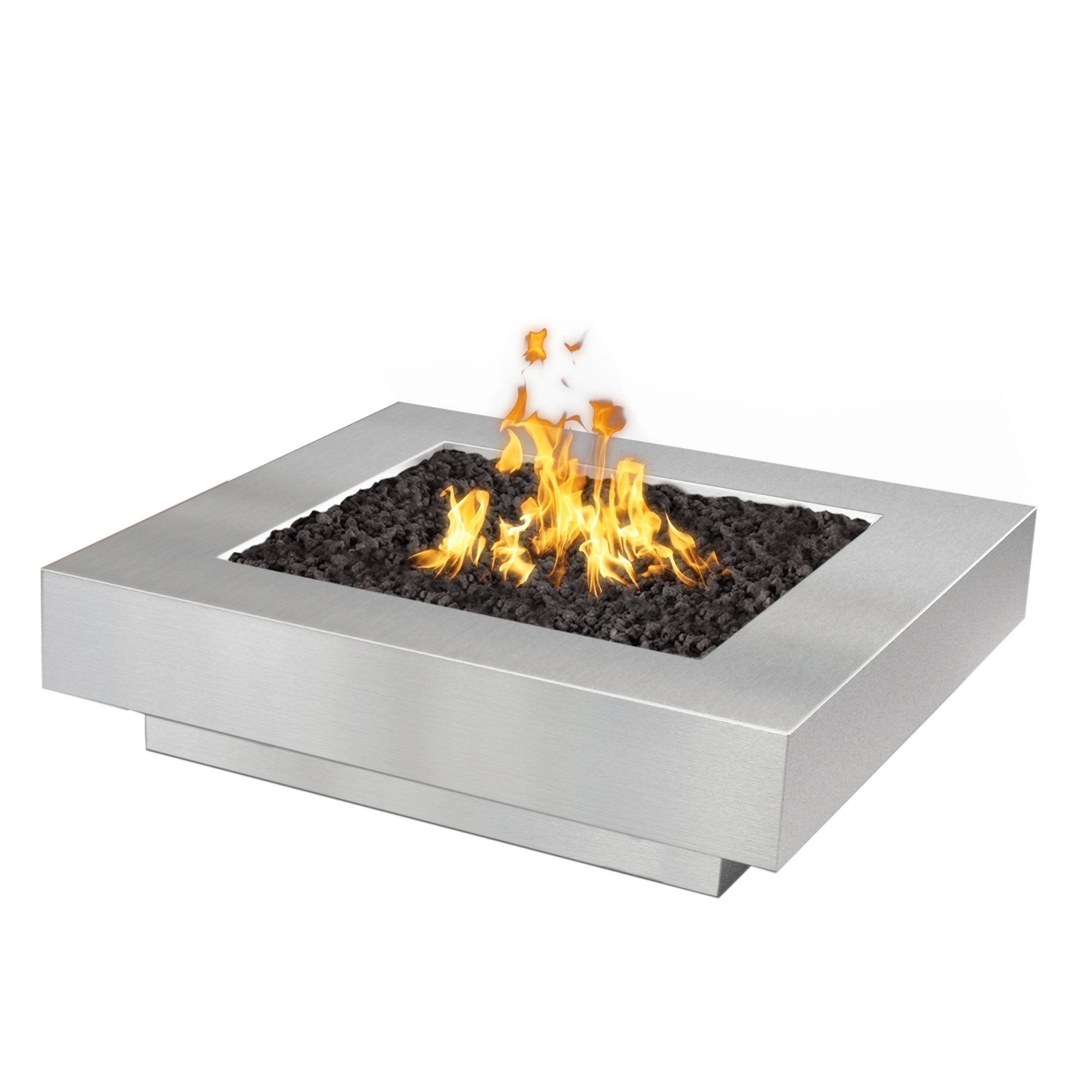Cabo 60 inch square fire pit in brushed stainless steel with clean architectural edges, flame lit