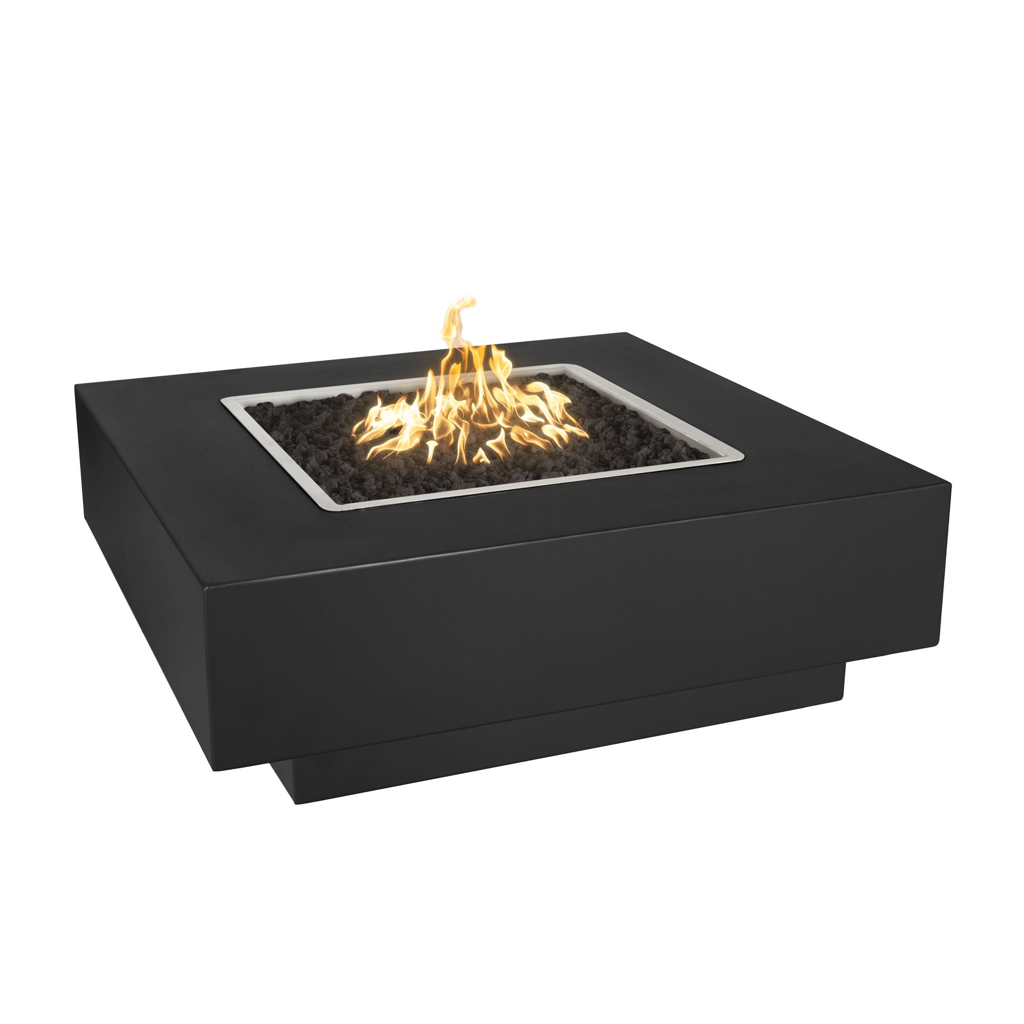 Cabo 36 inch square fire pit in black powder coat, low square profile on a patio with flame lit