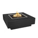 Cabo 48 inch square fire pit in black powder coat, low square profile on a patio with flame lit
