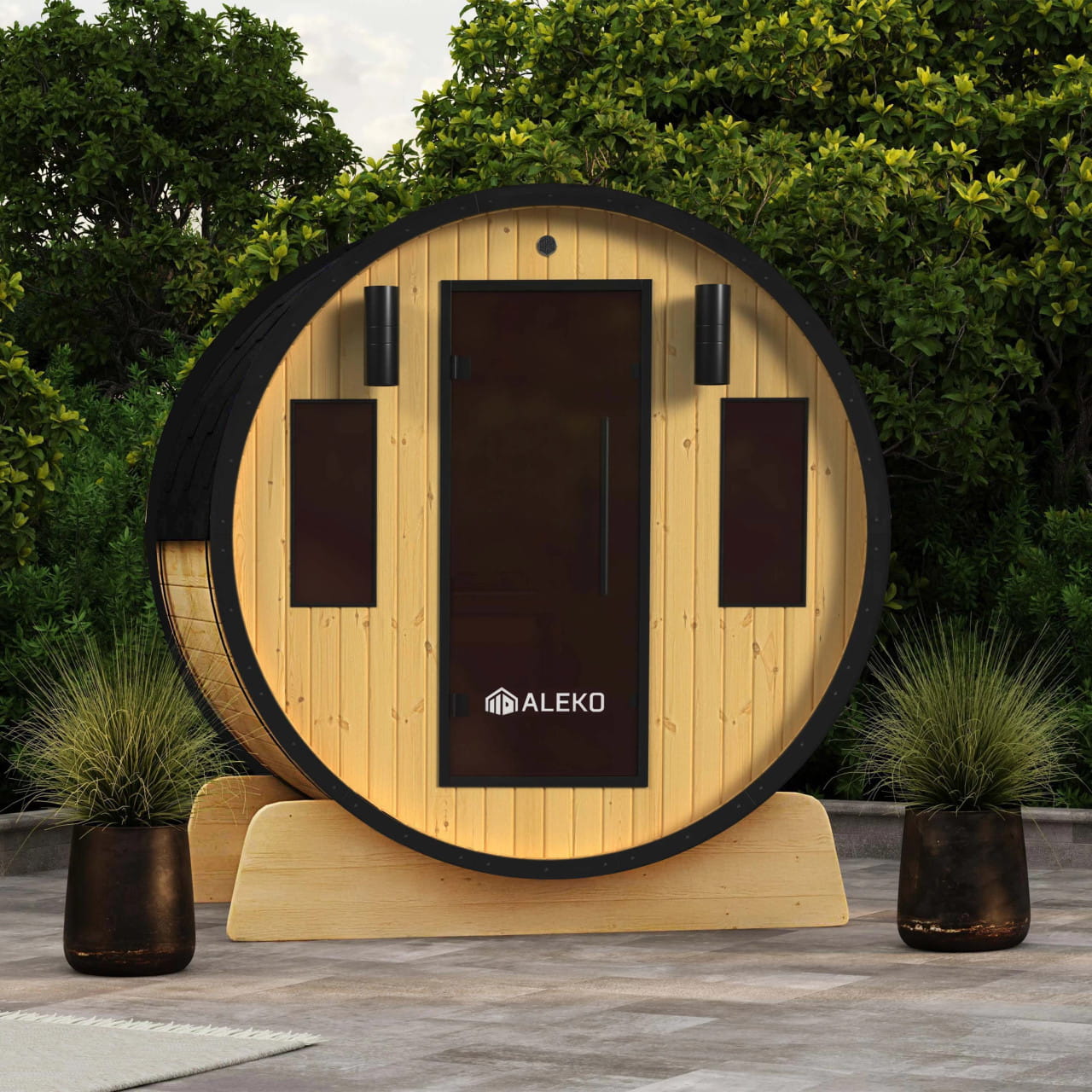 Celesia 3-4 Person Finland Pine Barrel Sauna – Black Accents & Dual Windows