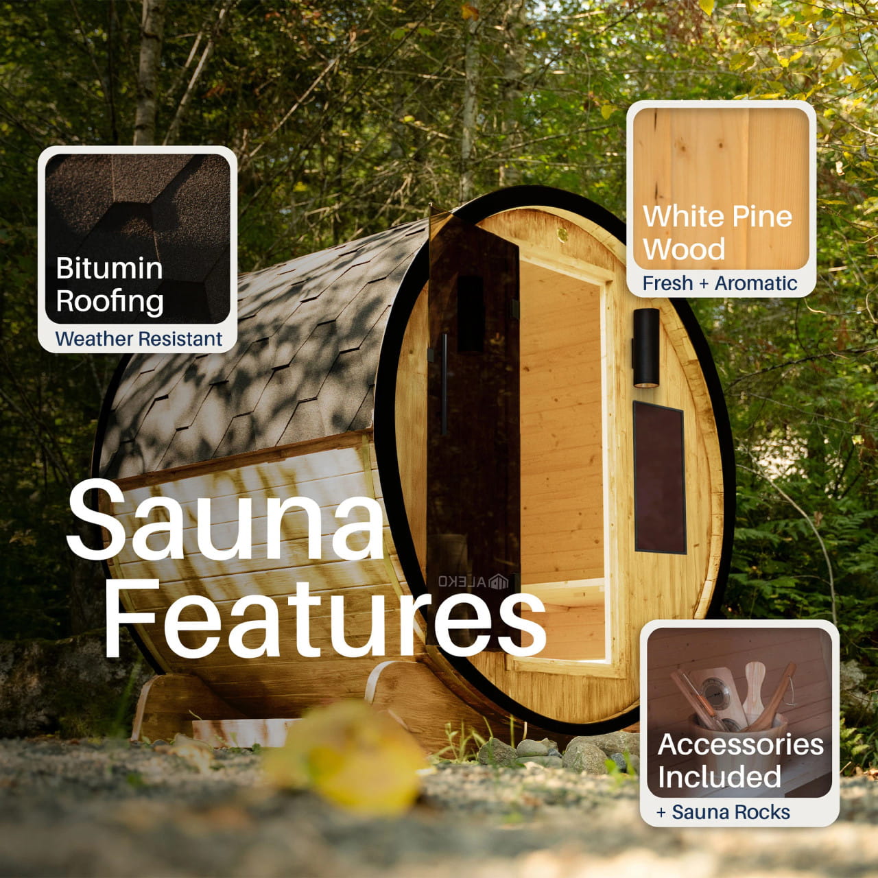 Celesia 3-4 Person Finland Pine Barrel Sauna – Black Accents & Dual Windows