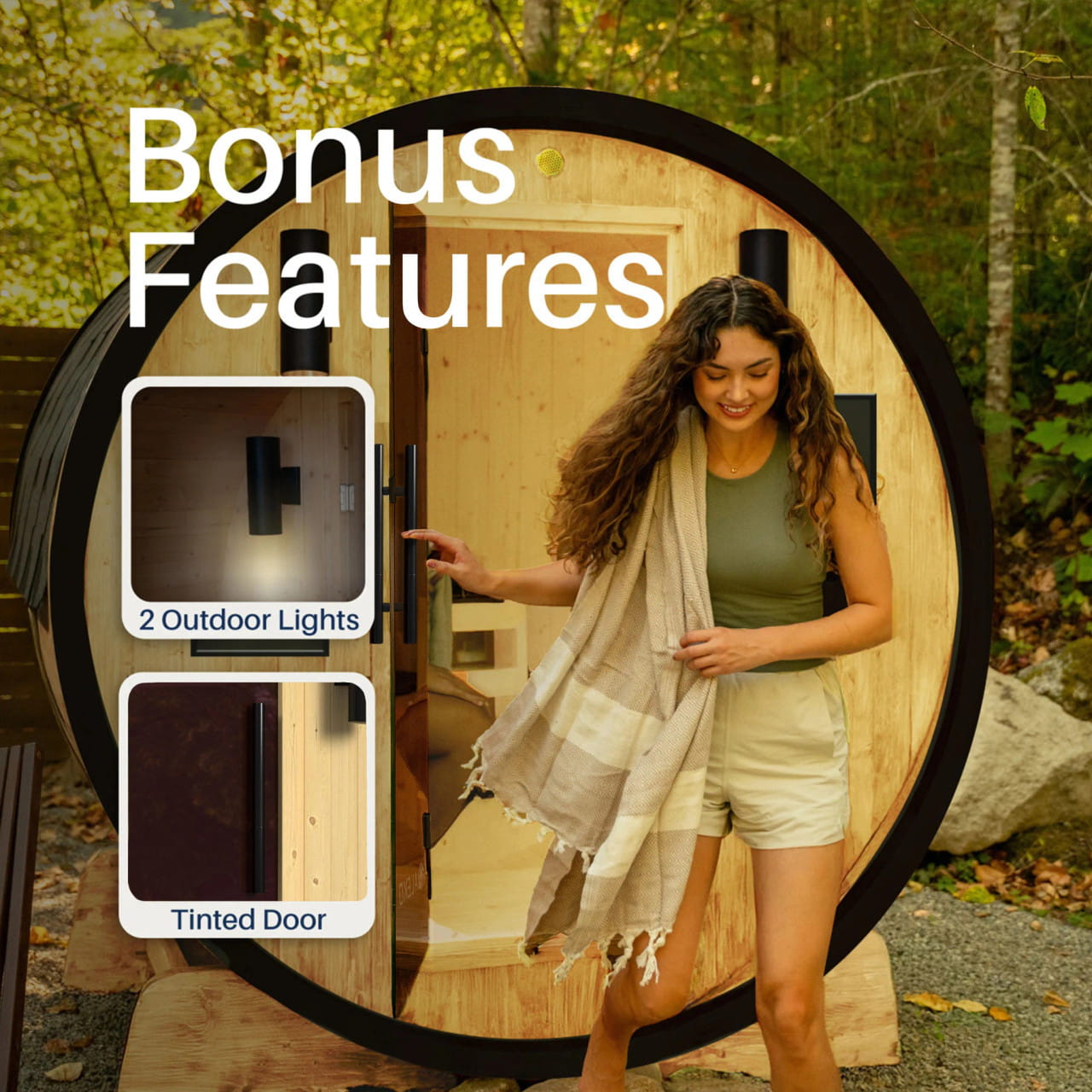 Celesia 3-4 Person Finland Pine Barrel Sauna – Black Accents & Dual Windows