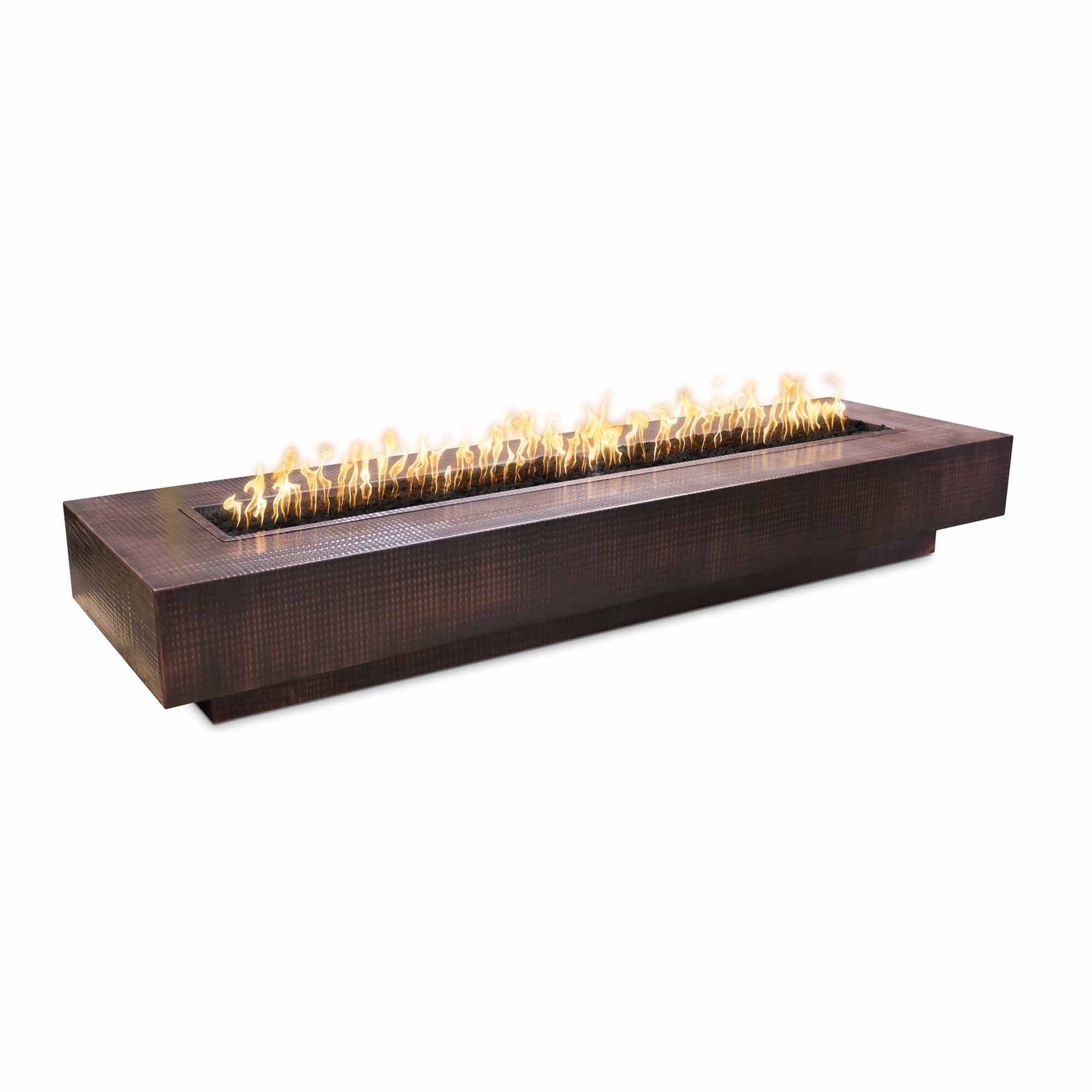 angled image of coronado hammered copper fire pit table
