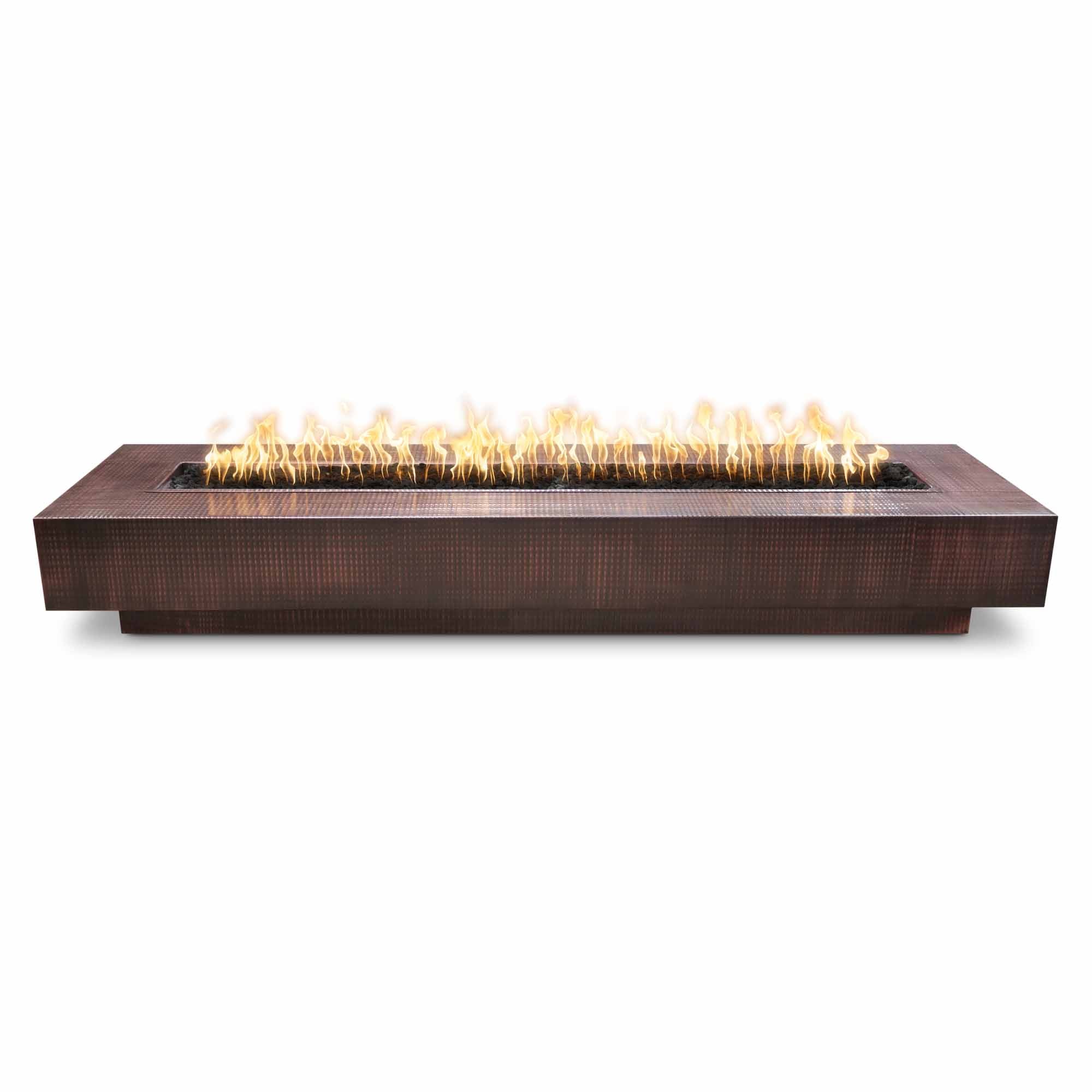 rectangular hammered copper fire pit table with flames