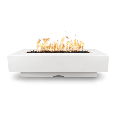 an image of imestone colored Del Mar fire pit  with flames