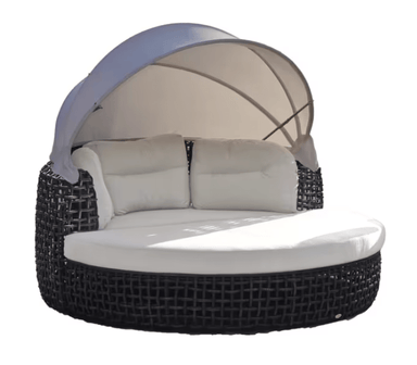 black mushroom outdoor wicker with canopy and cushions