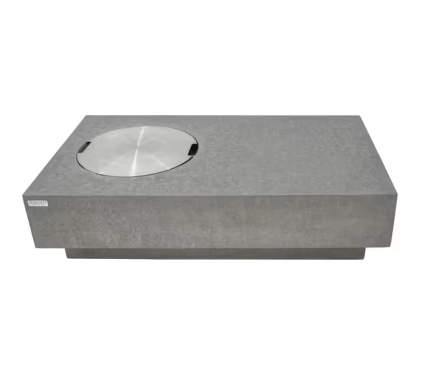 Elementi Metropolis concrete gas fire pit table with stainless steel lid cover in light gray