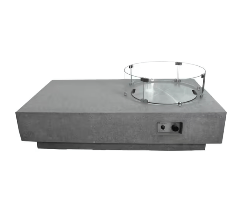 Elementi Metropolis concrete gas fire pit table side view with glass wind screen and control panel