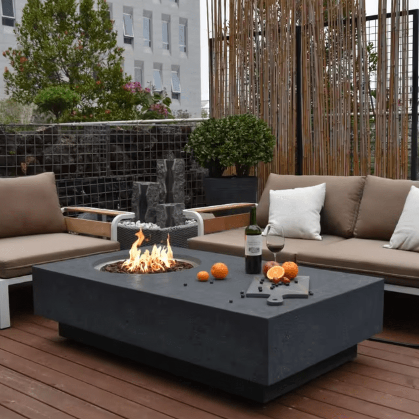 Elementi Metropolis concrete fire pit table outdoor patio setting