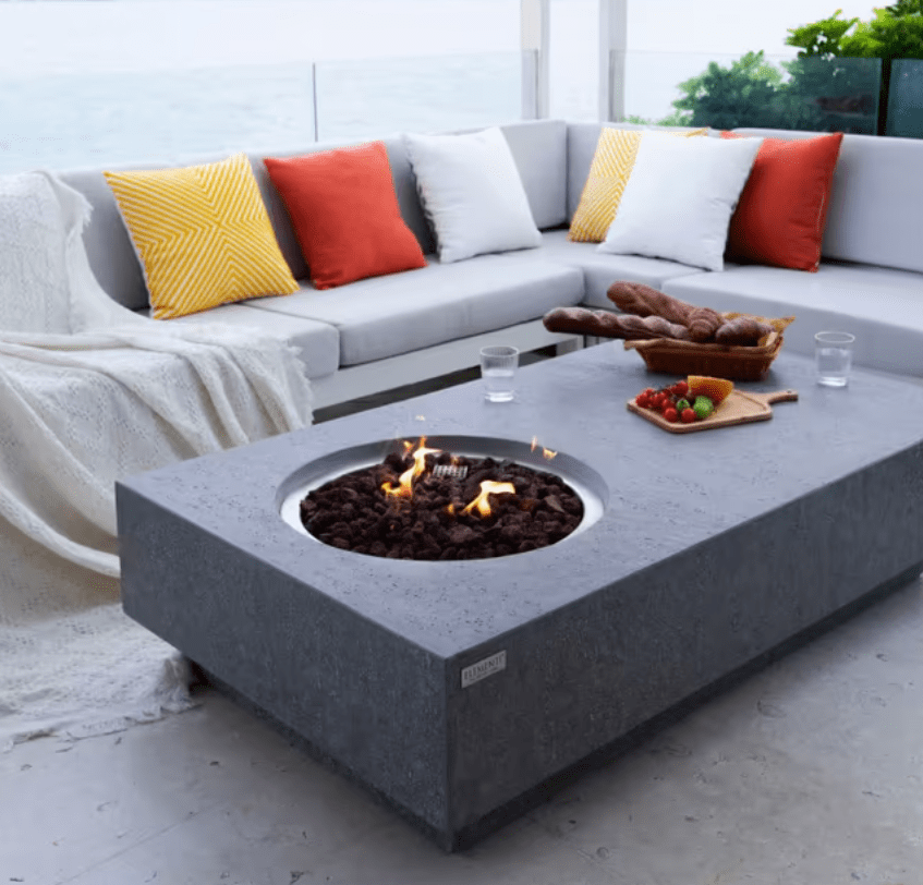 Elementi Metropolis concrete fire pit table modern patio lifestyle photo
