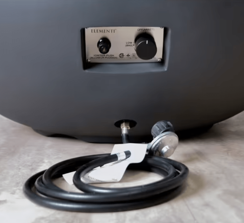 Elementi Lunar Bowl push-button ignition controls and 10-foot fuel hose connection detail