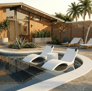 Floating Luxuries Kai in-pool shelf chaise loungers and side table on curved pool ledge