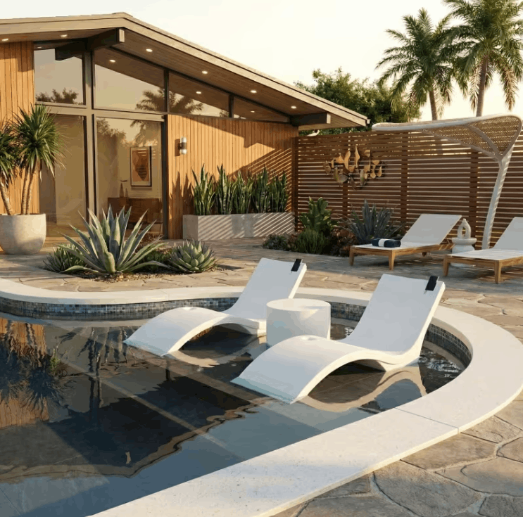Floating Luxuries Kai in-pool shelf chaise loungers and side table on curved pool ledge