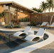Floating Luxuries Kai in-pool shelf chaise loungers and side table on curved pool ledge