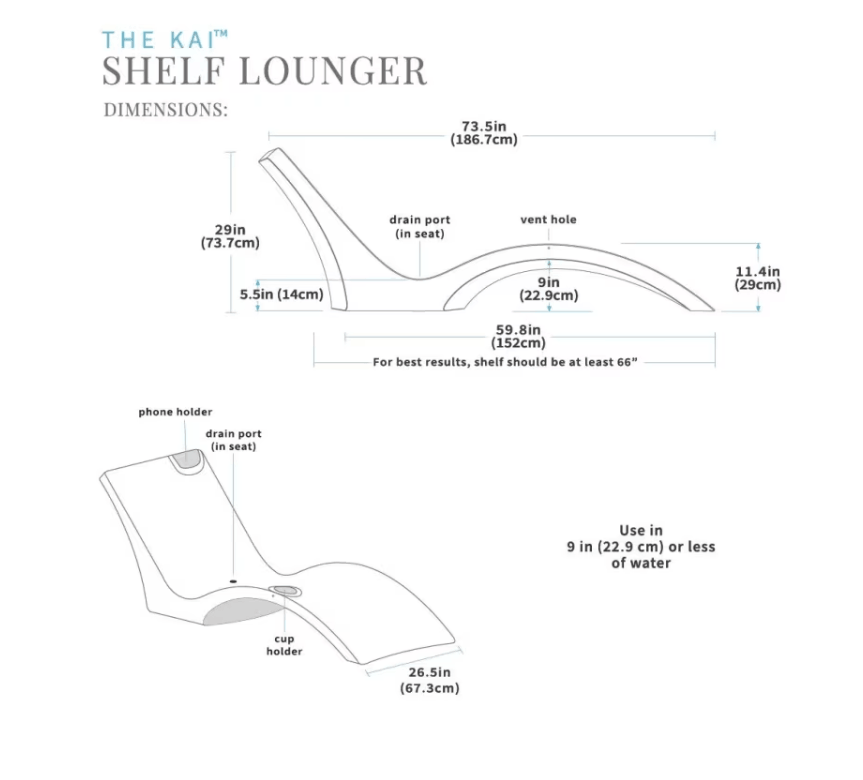 Floating Luxuries Kai shelf lounger dimensions diagram 73.5 inches long 29 inches wide 11.4 inches tall