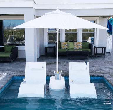 Floating Luxuries Kai Luxury 7.5ft fiberglass pool umbrella Arctic White in-pool setup