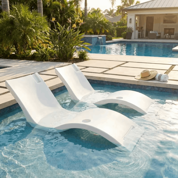 Floating Luxuries Kai pool shelf chaise lounge set of 2 white polymer in-pool tanning ledge tropical backyard resort