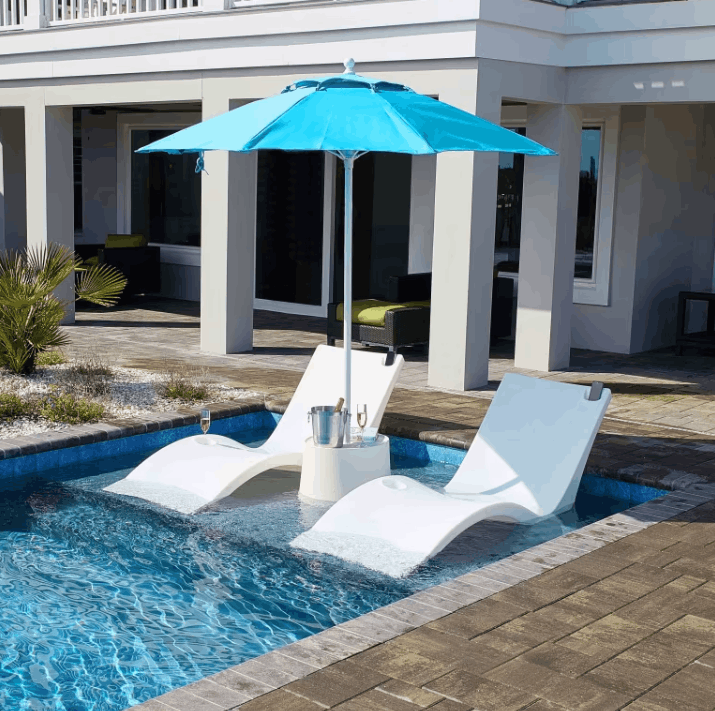 Floating Luxuries Kai pool shelf chaise lounge set of 2 white polymer tanning ledge with Kai side table umbrella champagne bucket STR backyard