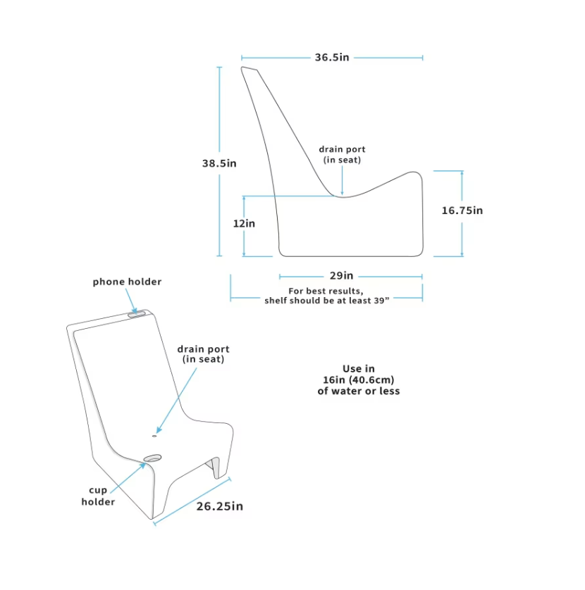 Floating Luxuries Kai pool shelf chair dimensions diagram showing phone holder cup holder drain port