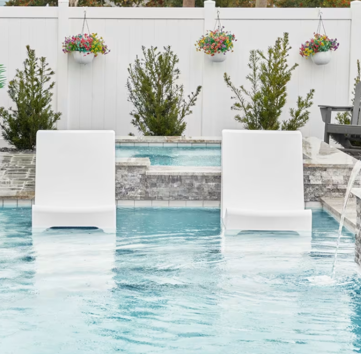 Floating Luxuries Kai Upright Pool Shelf Chairs set of 2 white polymer in-pool tanning ledge backyard resort-style pool