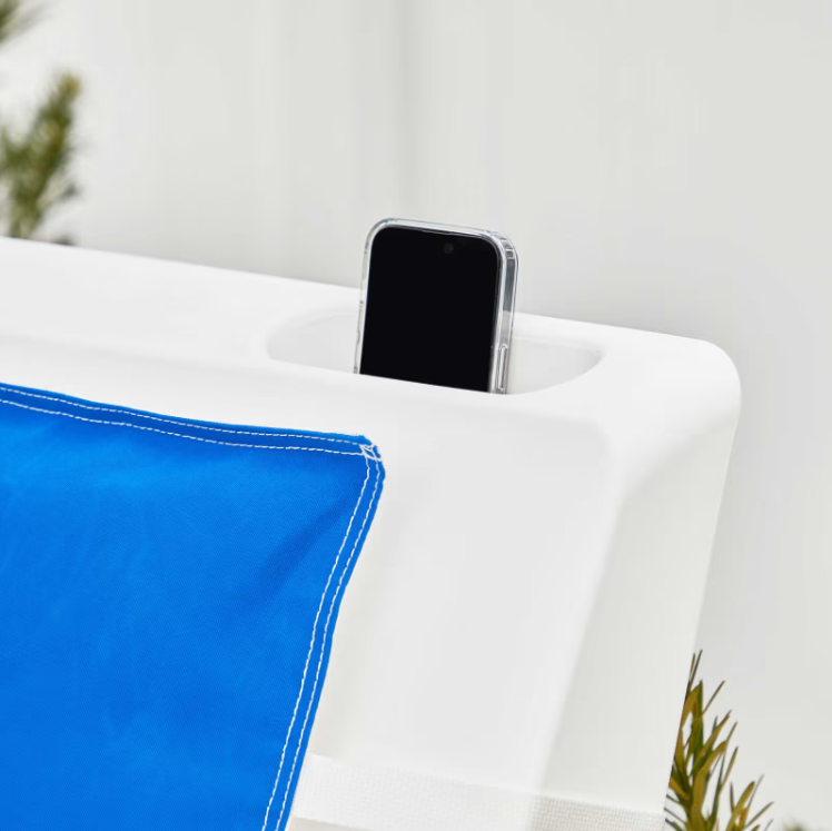 Floating Luxuries Kai pool shelf chair built-in phone holder detail with blue Kai pillow
