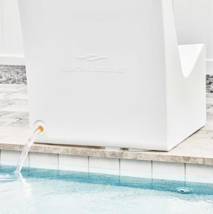 Floating Luxuries Kai pool shelf chair drain port detail self-draining seat close-up pool
