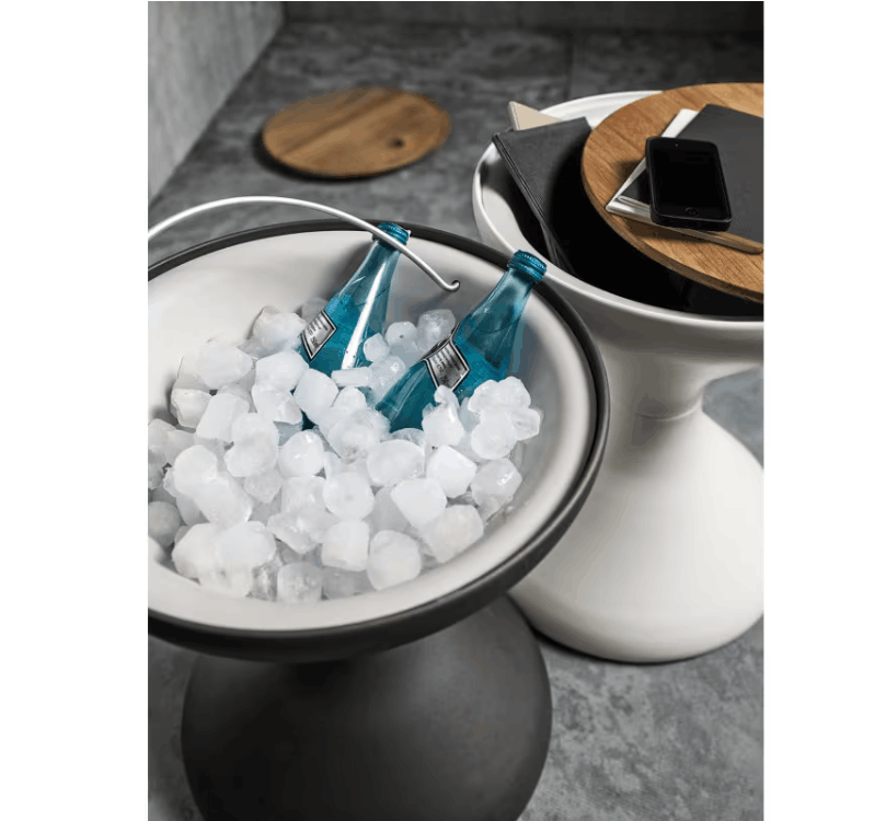 Gloster Bells 16 inch round side table ice bucket insert open with chilled bottles outdoor patio