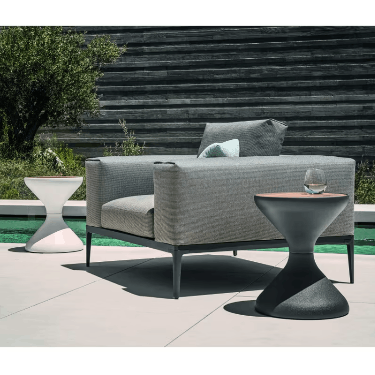 Gloster Bells 16 inch teak aluminum round side table White and Meteor finish poolside outdoor