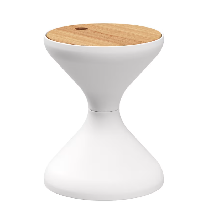 White finish, product shot on white background, teak top on, hourglass silhouette clearly visible