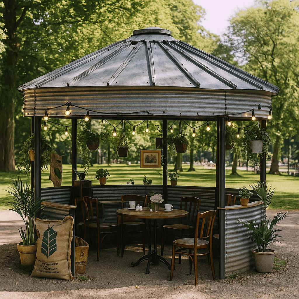 Sioux Steel grain bin gazebo with string lights, hanging plants, and rustic dining setup — ideal outdoor seating area for STR properties and event venues