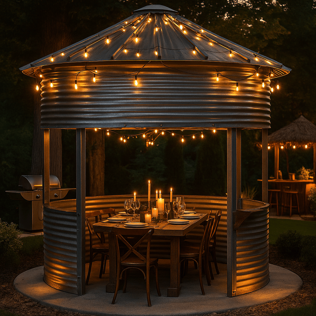 Grain bin gazebo with string lights and candlelit dining setup — a stunning evening outdoor space for STR hosts