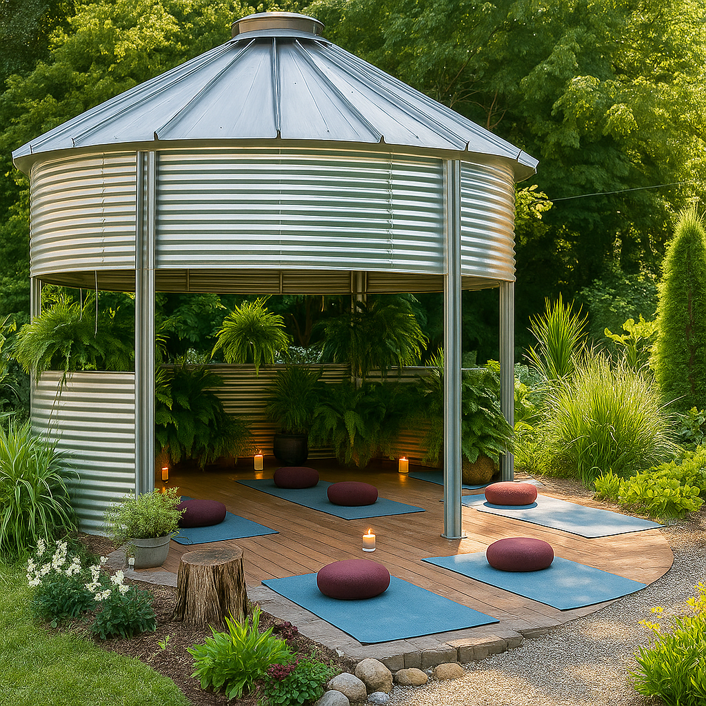 Sioux Steel grain bin gazebo styled as an outdoor yoga and wellness retreat with yoga mats, candles, and lush garden surroundings