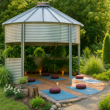 Sioux Steel grain bin gazebo styled as an outdoor yoga and wellness retreat with yoga mats, candles, and lush garden surroundings