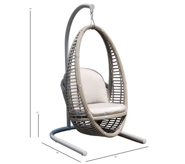 kubu mushroom heri hanging chair in white background with dimension