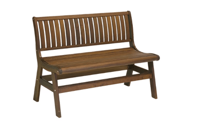 Jensen Outdoor Heritage Outdoor Bench with Back in brown poly lumber with slatted backrest and angled legs
