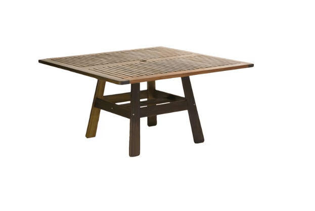 Jensen Outdoor Heritage Square Outdoor Dining Table in brown poly lumber with slatted top and umbrella hole
