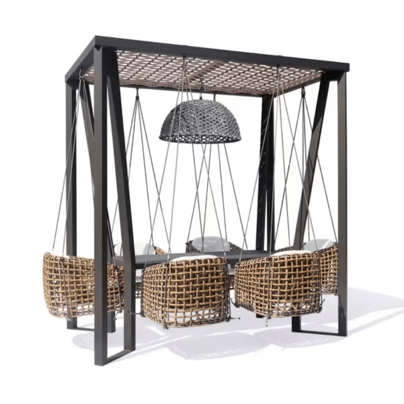 Skyline Design Horizon Dynasty 7-Piece Hanging Wicker Patio Dining Set black steel frame natural
