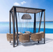 Skyline Design Horizon Dynasty 7-Piece Hanging Wicker Patio Dining Set poolside ocean view
