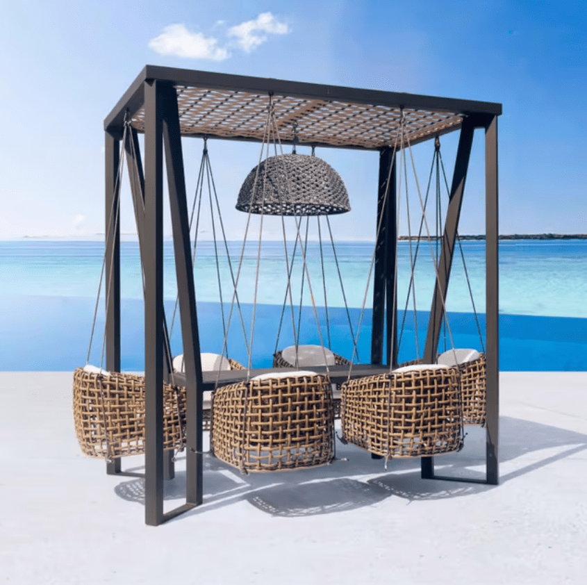 Skyline Design Horizon Dynasty 7-Piece Hanging Wicker Patio Dining Set poolside ocean view
