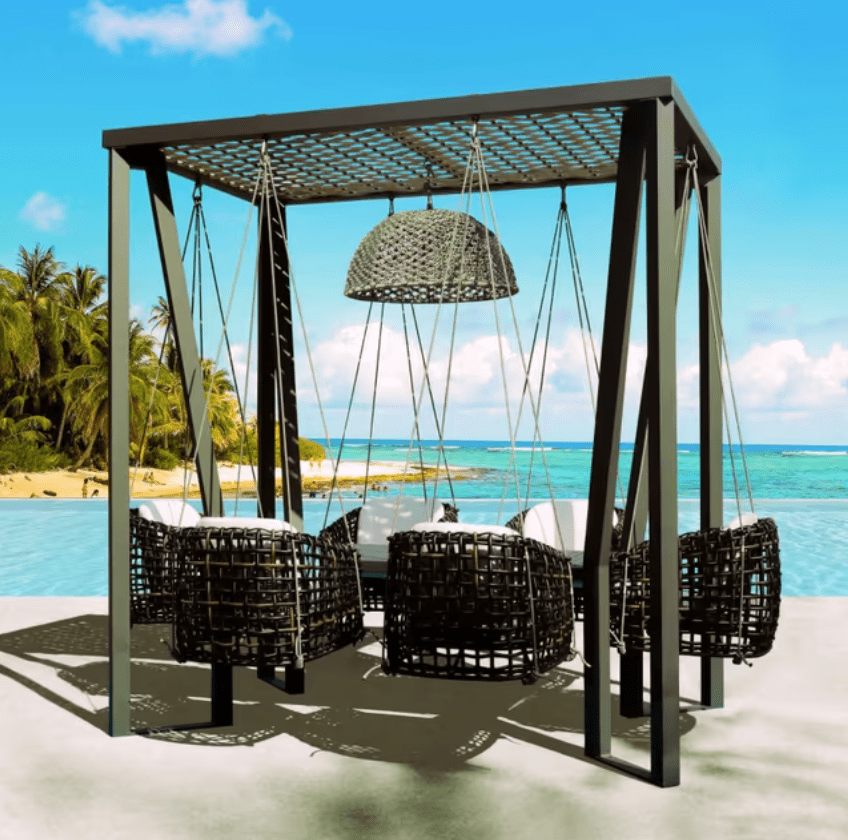 Skyline Design Horizon Dynasty 7-Piece Hanging Wicker Patio Dining Set dark wicker beachside
