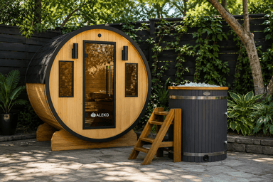 Hot and Cold Bundle: Aleko Barrel Sauna and Cedar Ice Bath, front view of the barrel sauna on a garden patio, black shingled roof, glass door and two windows, potted plants beside it